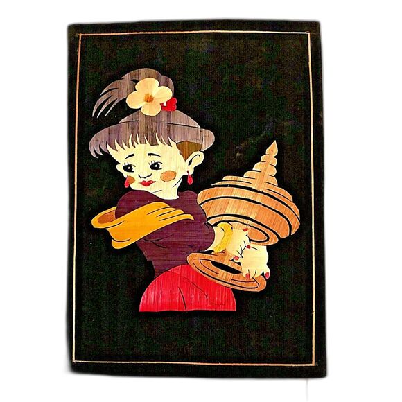 Velvet Folk Art Japanese Girl Handcrafted Rice Straw Unframed w/Hook Vintage - Picture 1 of 7